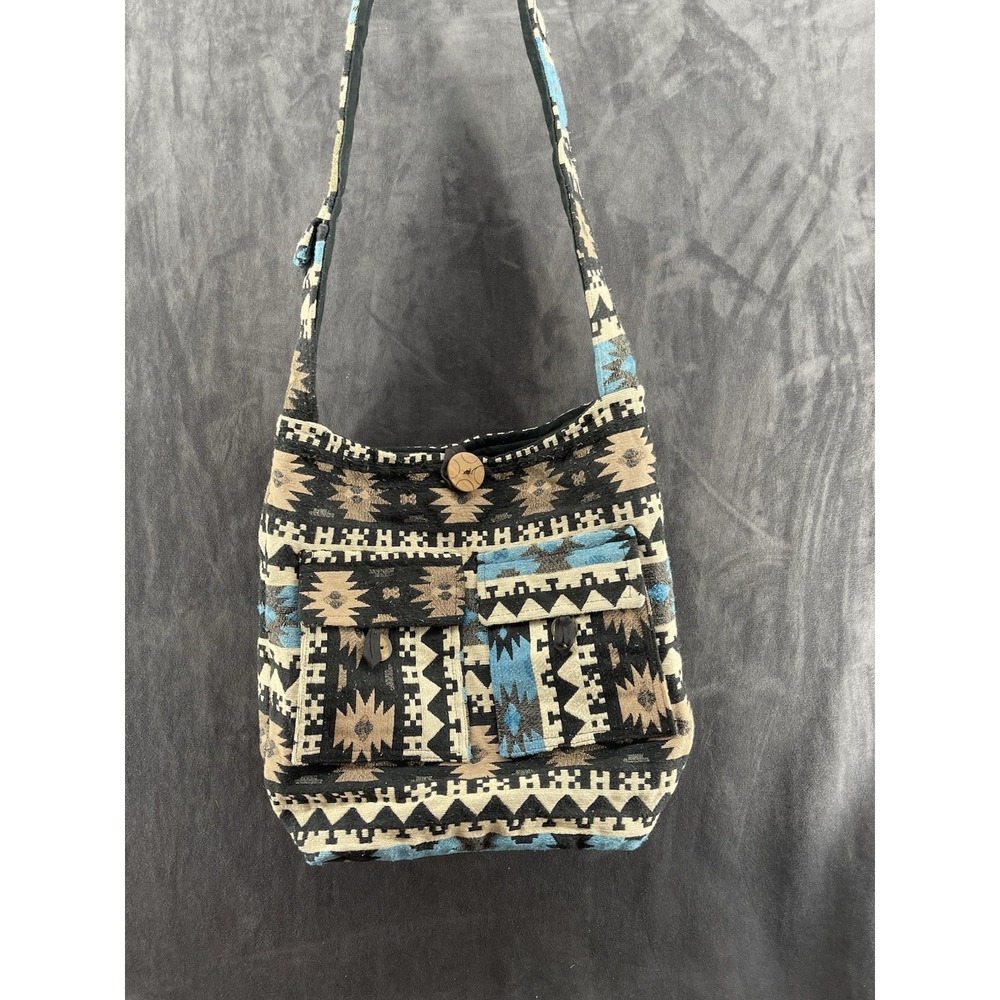 Tribe Azure Black Beige Blue Geometric Tribal Shoulder Bag Button Accent Pockets